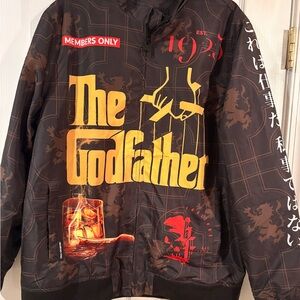 Members Only Black Bomber Jacket with Gold & Red Godfather Graphic